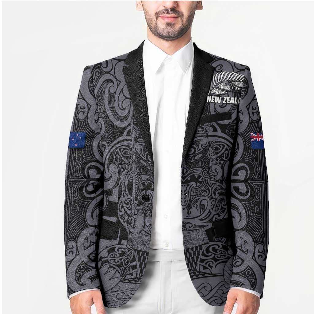 Custom New Zealand Taiaha Maori Blazer Minimalist Silver Fern All Black - Polynesian Pride