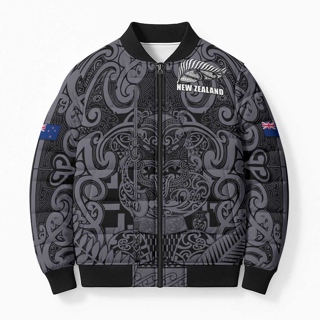 Custom New Zealand Taiaha Maori Bomber Puffer Jacket Minimalist Silver Fern All Black - Polynesian Pride