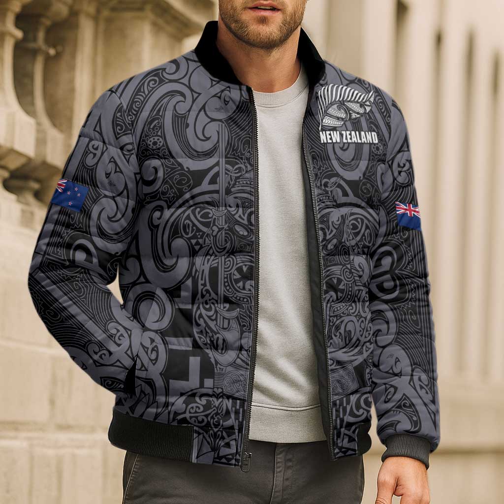 Custom New Zealand Taiaha Maori Bomber Puffer Jacket Minimalist Silver Fern All Black - Polynesian Pride