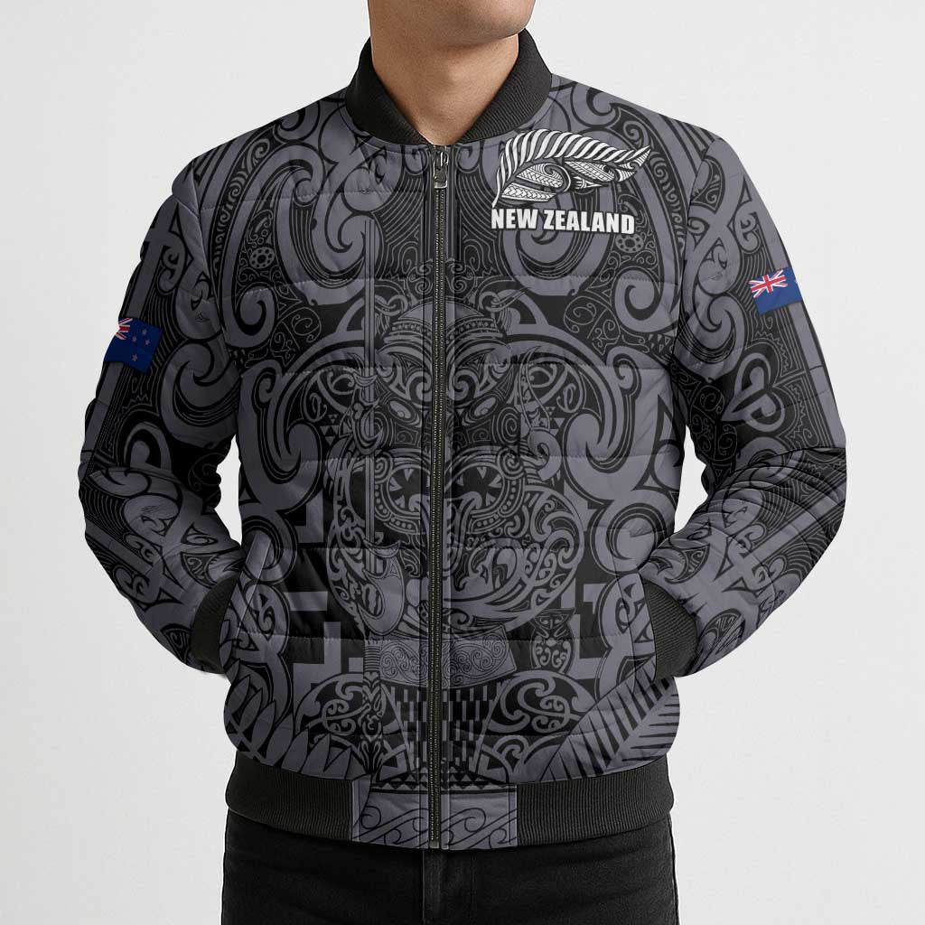 Custom New Zealand Taiaha Maori Bomber Puffer Jacket Minimalist Silver Fern All Black - Polynesian Pride