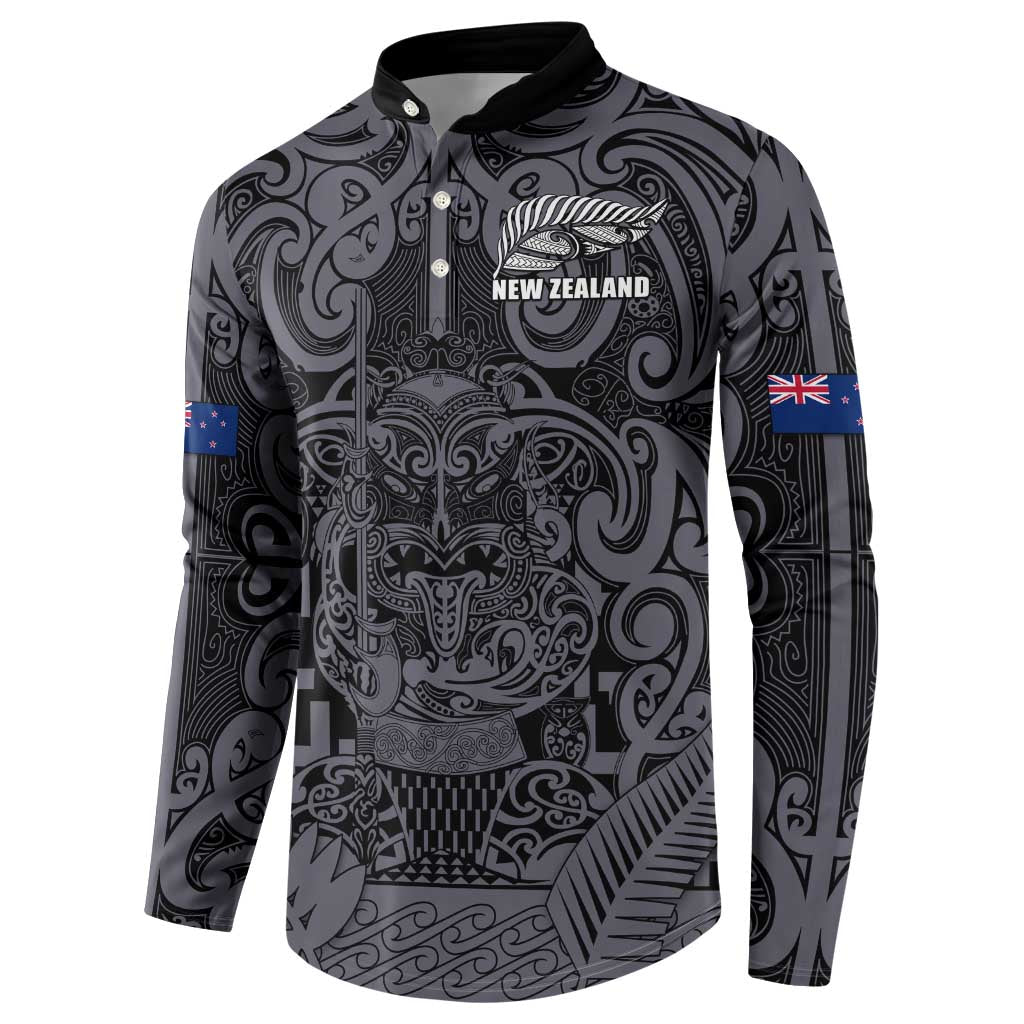 Custom New Zealand Taiaha Maori Button Sweatshirt Minimalist Silver Fern All Black - Polynesian Pride