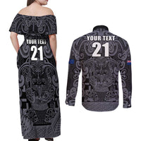 Custom New Zealand Taiaha Maori Couples Matching Off Shoulder Maxi Dress and Long Sleeve Button Shirt Minimalist Silver Fern All Black - Polynesian Pride