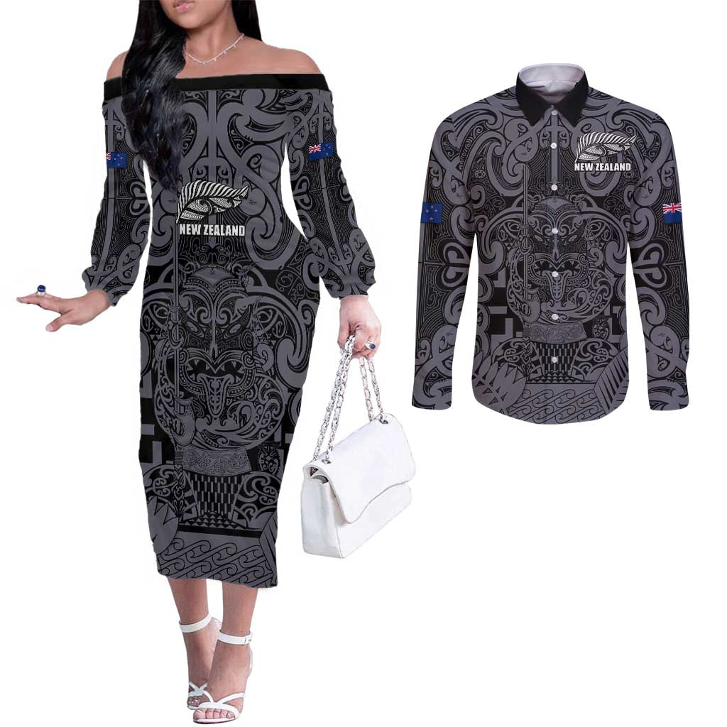 Custom New Zealand Taiaha Maori Couples Matching Off The Shoulder Long Sleeve Dress and Long Sleeve Button Shirt Minimalist Silver Fern All Black - Polynesian Pride