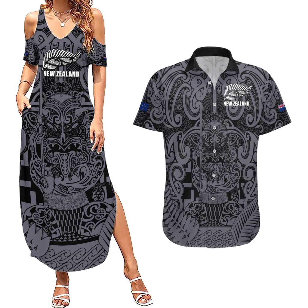 Custom New Zealand Taiaha Maori Couples Matching Summer Maxi Dress and Hawaiian Shirt Minimalist Silver Fern All Black - Polynesian Pride