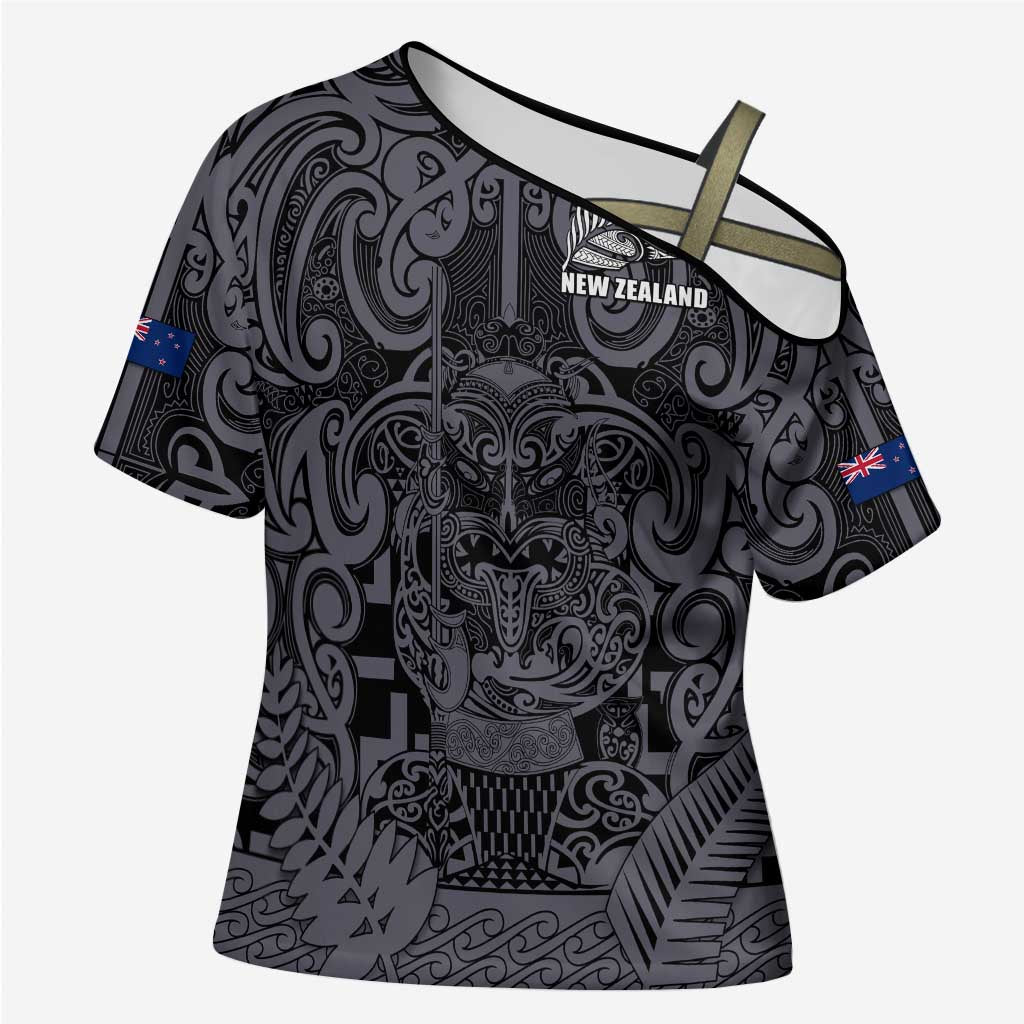 Custom New Zealand Taiaha Maori Cross Shoulder Shirt Minimalist Silver Fern All Black - Polynesian Pride