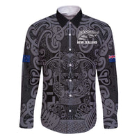 Custom New Zealand Taiaha Maori Family Matching Off The Shoulder Long Sleeve Dress and Hawaiian Shirt Minimalist Silver Fern All Black - Polynesian Pride