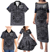 Custom New Zealand Taiaha Maori Family Matching Puletasi and Hawaiian Shirt Minimalist Silver Fern All Black - Polynesian Pride