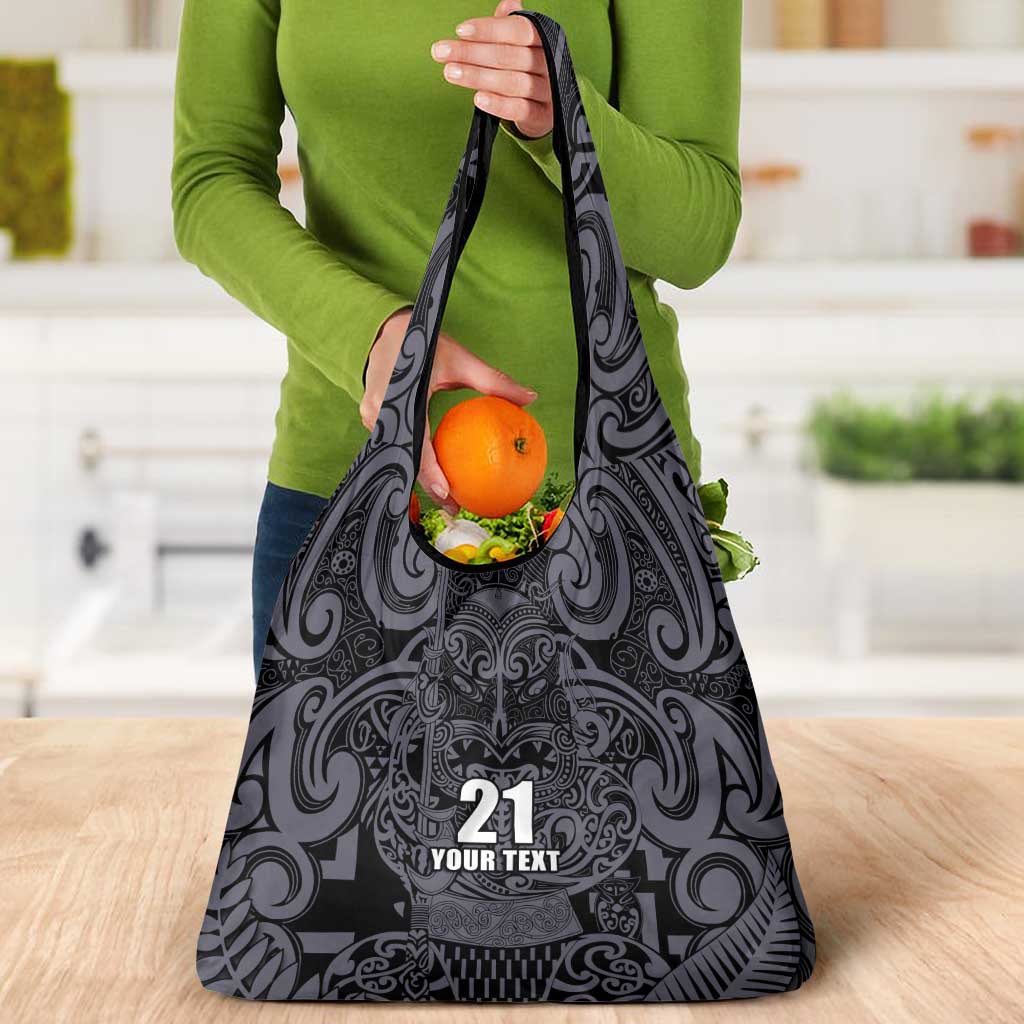 Custom New Zealand Taiaha Maori Grocery Bag Minimalist Silver Fern All Black - Polynesian Pride