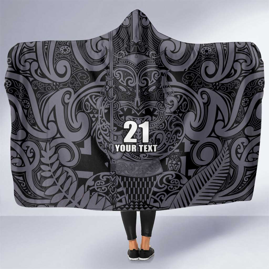 Custom New Zealand Taiaha Maori Hooded Blanket Minimalist Silver Fern All Black - Polynesian Pride