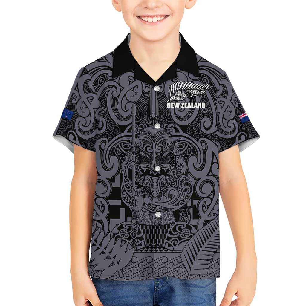 Custom New Zealand Taiaha Maori Kid Hawaiian Shirt Minimalist Silver Fern All Black - Polynesian Pride