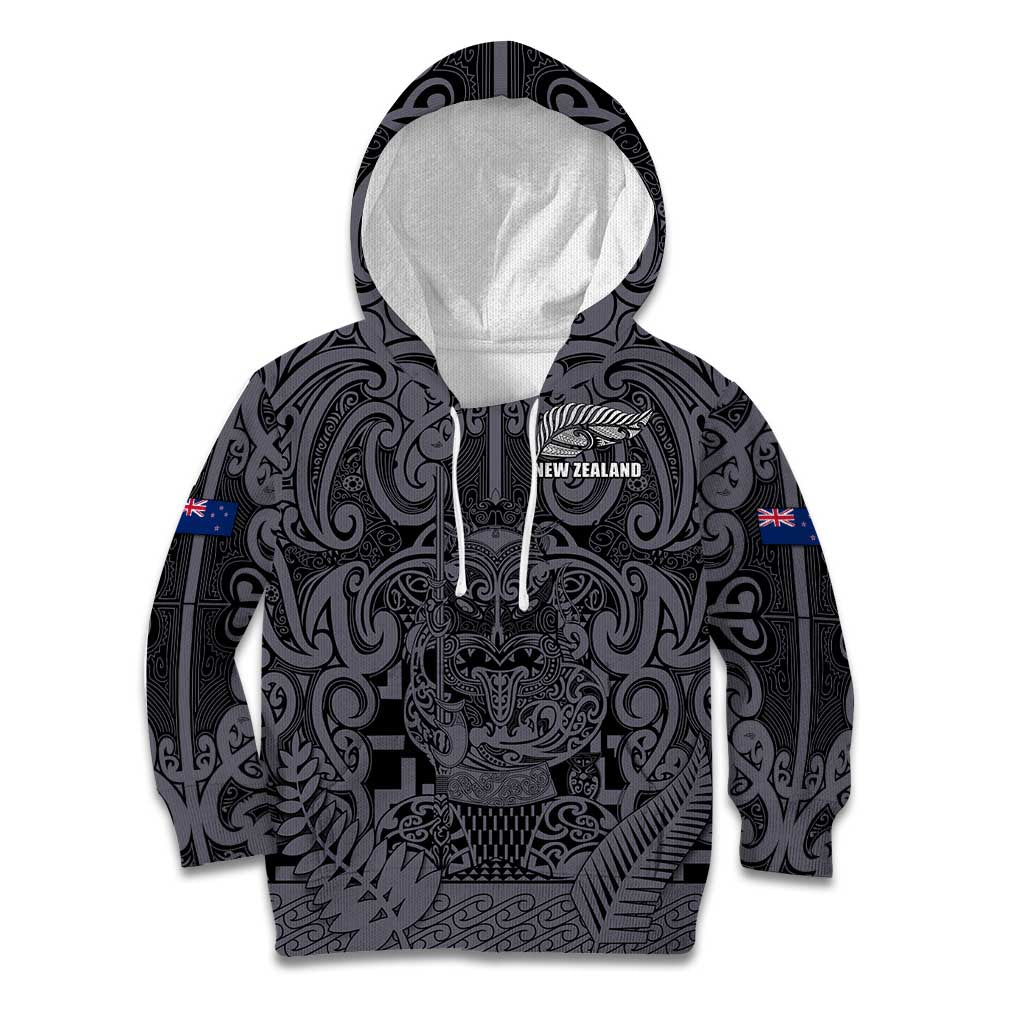 Custom New Zealand Taiaha Maori Kid Hoodie Minimalist Silver Fern All Black - Polynesian Pride