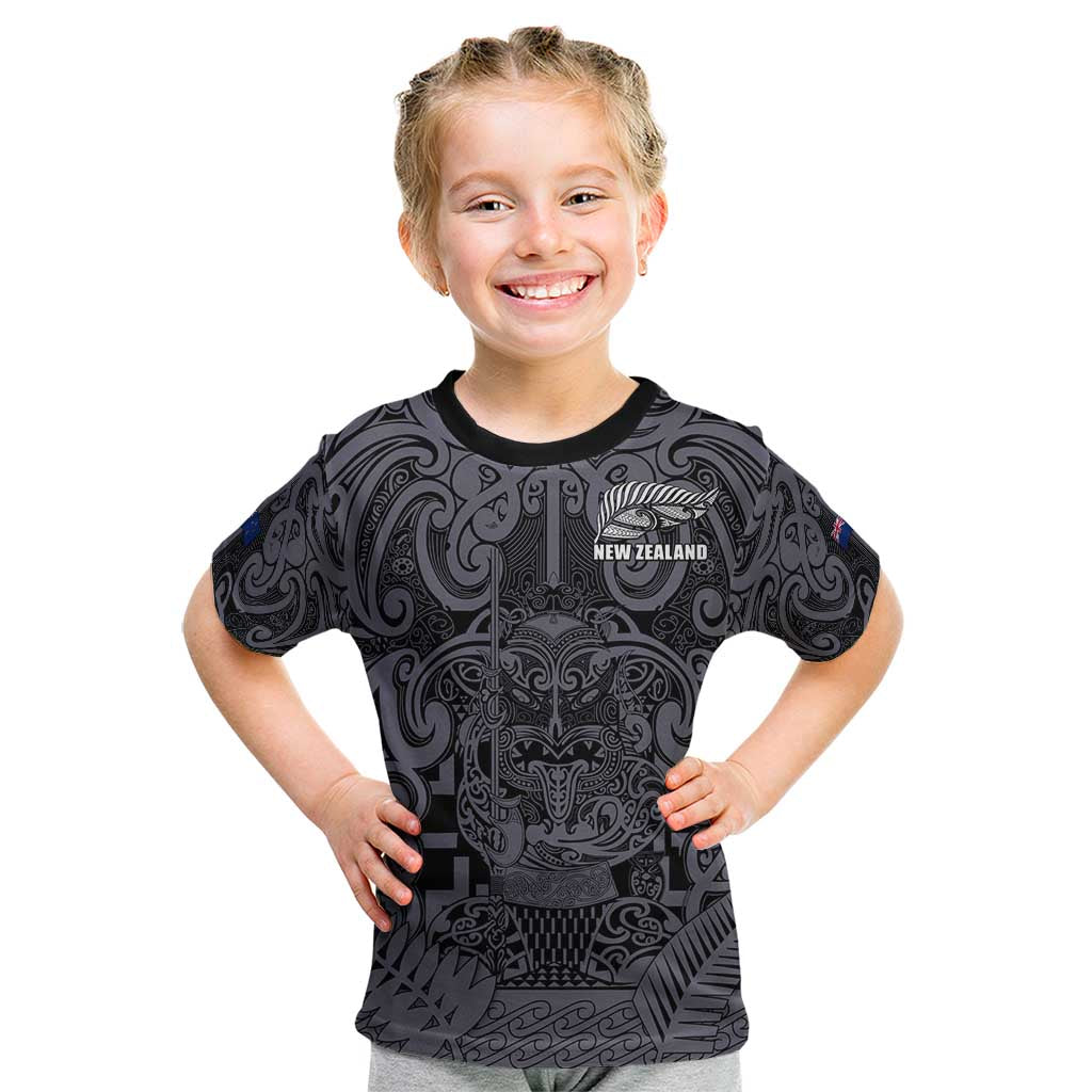 Custom New Zealand Taiaha Maori Kid T Shirt Minimalist Silver Fern All Black - Polynesian Pride