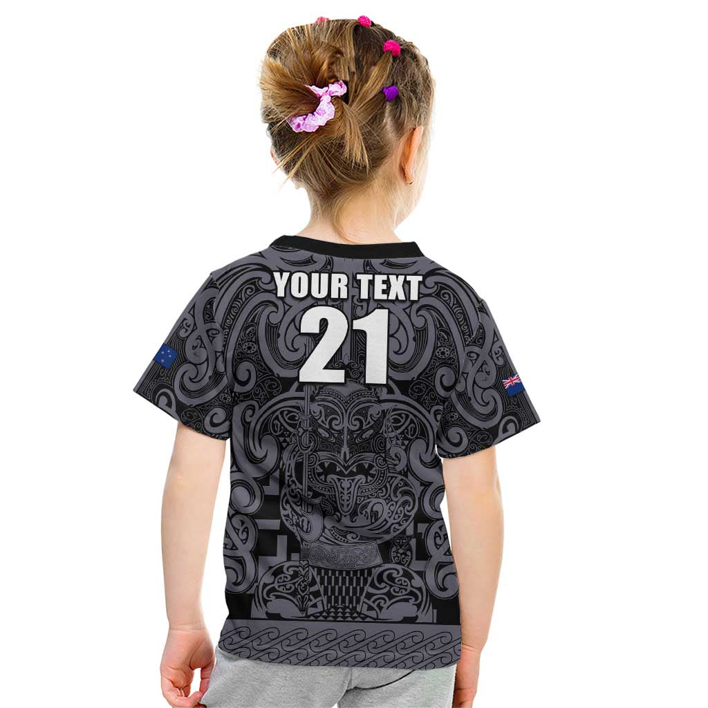Custom New Zealand Taiaha Maori Kid T Shirt Minimalist Silver Fern All Black - Polynesian Pride