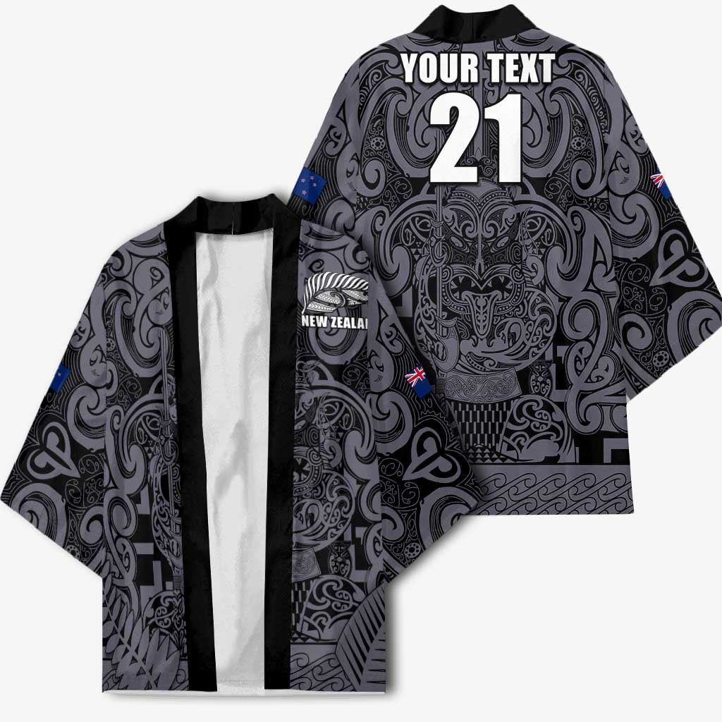 Custom New Zealand Taiaha Maori Kimono Minimalist Silver Fern All Black - Polynesian Pride