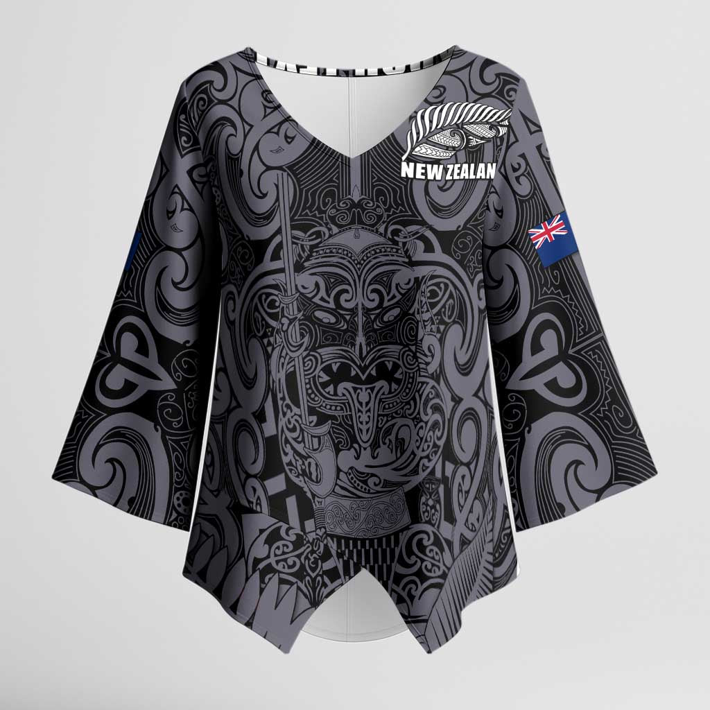 Custom New Zealand Taiaha Maori Kimono Sleeve Blouse Minimalist Silver Fern All Black - Polynesian Pride