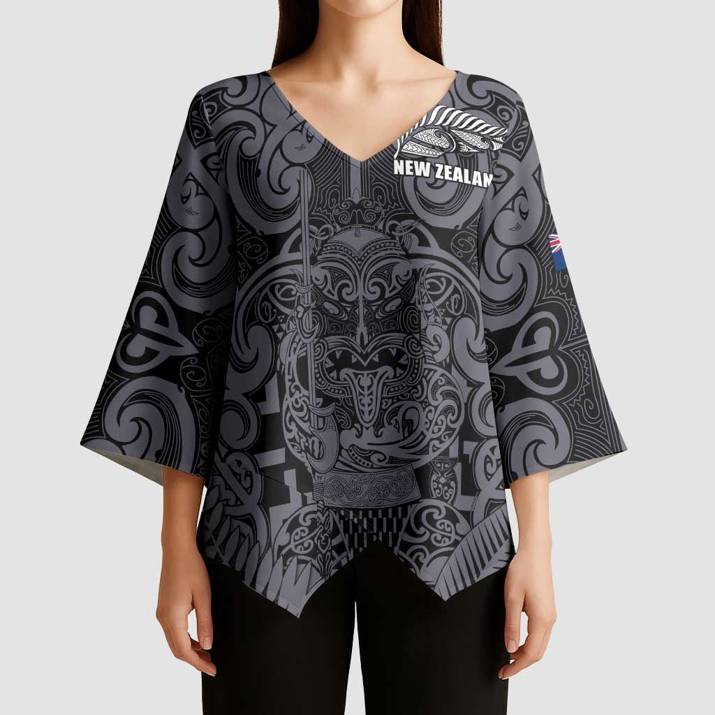 Custom New Zealand Taiaha Maori Kimono Sleeve Blouse Minimalist Silver Fern All Black - Polynesian Pride