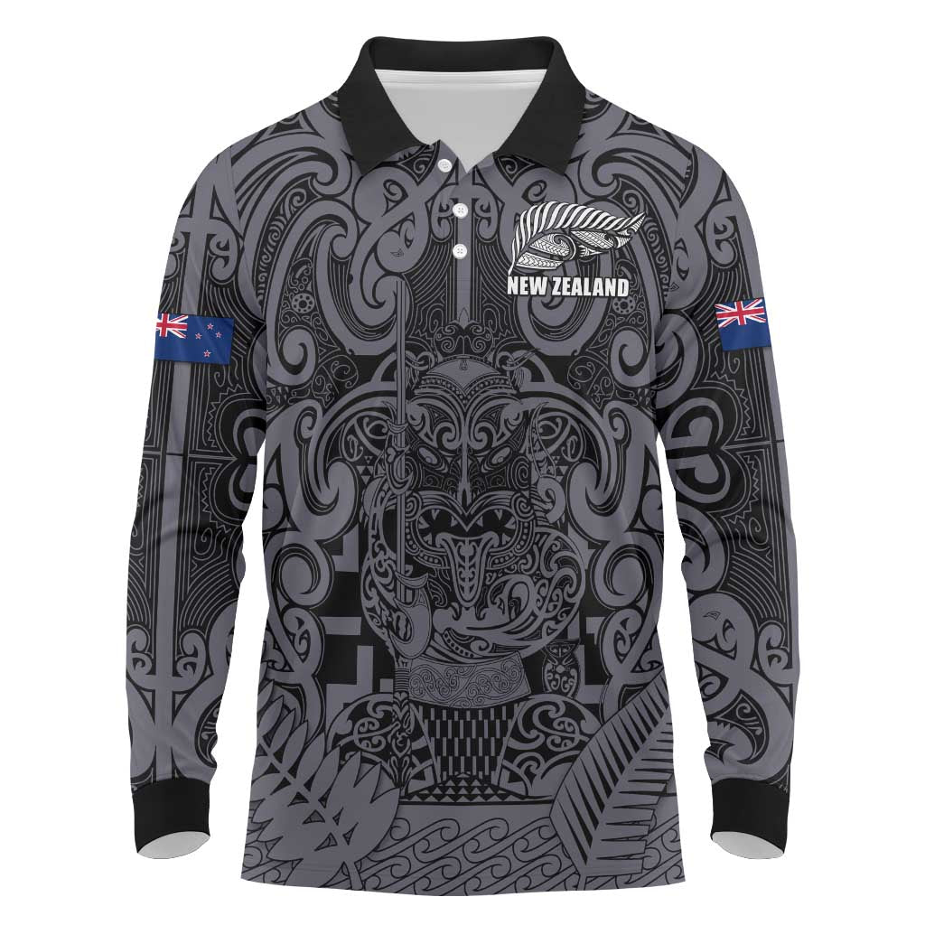 Custom New Zealand Taiaha Maori Long Sleeve Polo Shirt Minimalist Silver Fern All Black - Polynesian Pride
