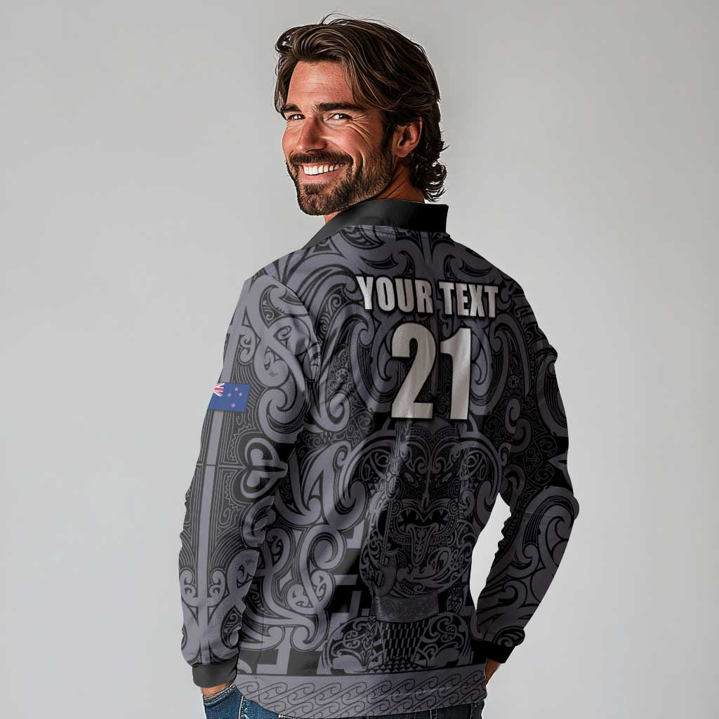 Custom New Zealand Taiaha Maori Long Sleeve Polo Shirt Minimalist Silver Fern All Black - Polynesian Pride