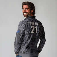 Custom New Zealand Taiaha Maori Long Sleeve Polo Shirt Minimalist Silver Fern All Black - Polynesian Pride