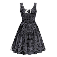 Custom New Zealand Taiaha Maori Midi Dress Minimalist Silver Fern All Black - Polynesian Pride