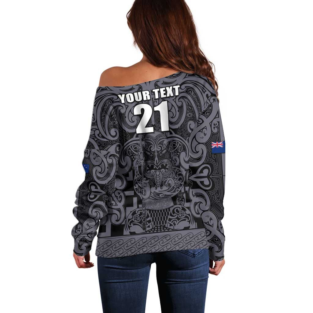 Custom New Zealand Taiaha Maori Off Shoulder Sweater Minimalist Silver Fern All Black - Polynesian Pride