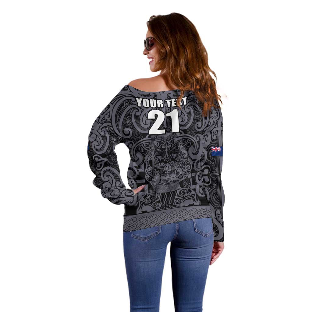 Custom New Zealand Taiaha Maori Off Shoulder Sweater Minimalist Silver Fern All Black - Polynesian Pride