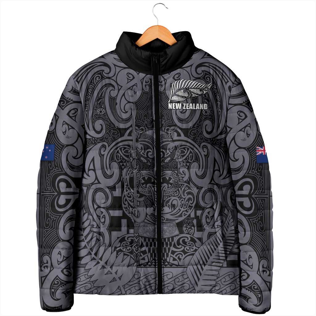 Custom New Zealand Taiaha Maori Padded Jacket Minimalist Silver Fern All Black - Polynesian Pride