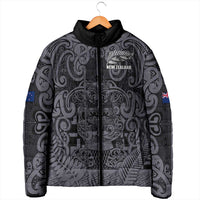 Custom New Zealand Taiaha Maori Padded Jacket Minimalist Silver Fern All Black - Polynesian Pride