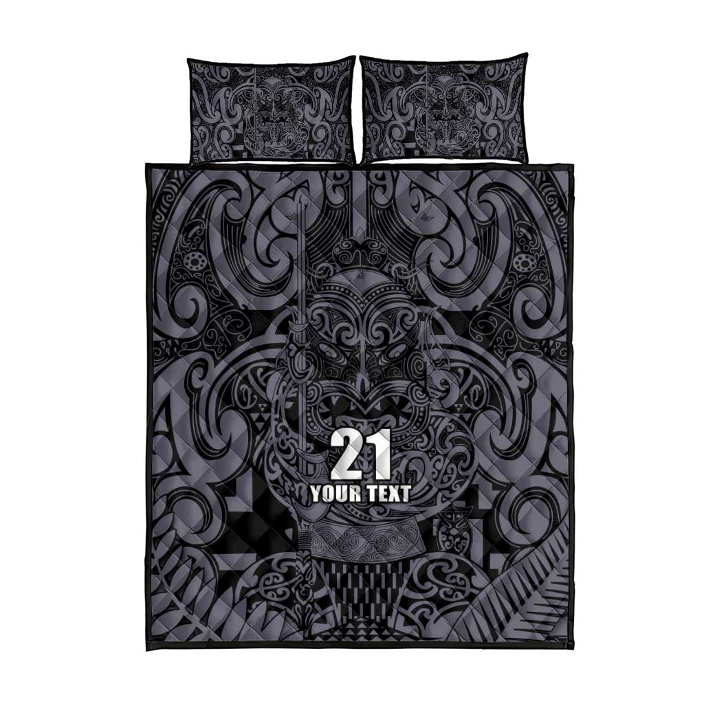 Custom New Zealand Taiaha Maori Quilt Bed Set Minimalist Silver Fern All Black - Polynesian Pride
