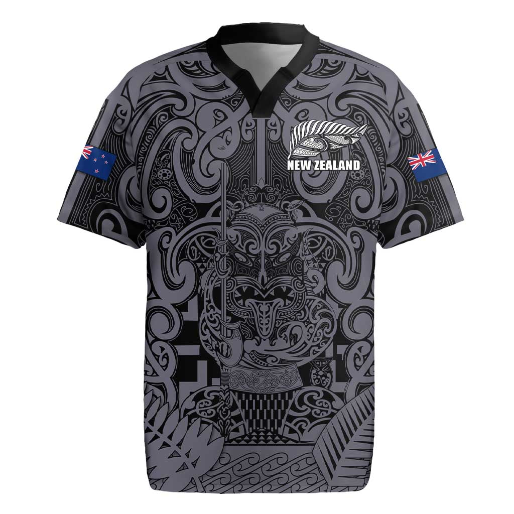 Custom New Zealand Taiaha Maori Rugby Jersey Minimalist Silver Fern All Black - Polynesian Pride