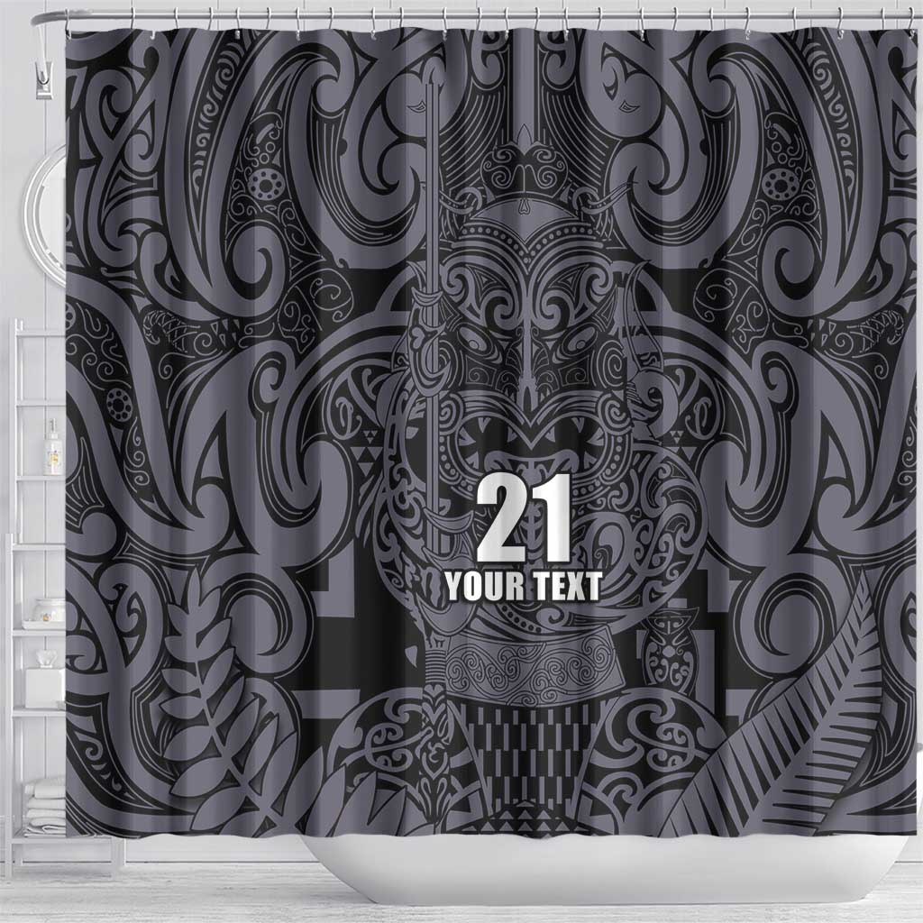 Custom New Zealand Taiaha Maori Shower Curtain Minimalist Silver Fern All Black - Polynesian Pride