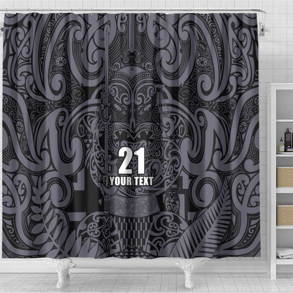 Custom New Zealand Taiaha Maori Shower Curtain Minimalist Silver Fern All Black - Polynesian Pride