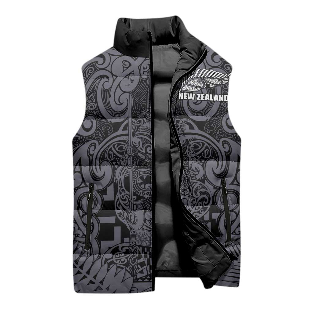 Custom New Zealand Taiaha Maori Sleeveless Puffer Jacket Minimalist Silver Fern All Black - Polynesian Pride