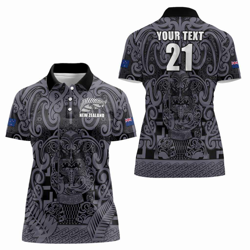Custom New Zealand Taiaha Maori Women Polo Shirt Minimalist Silver Fern All Black - Polynesian Pride