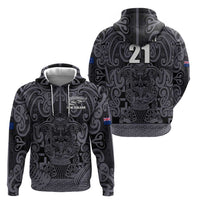 Custom New Zealand Taiaha Maori Zip Hoodie Minimalist Silver Fern All Black - Polynesian Pride