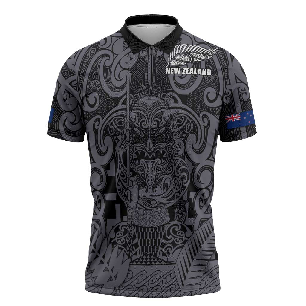 Custom New Zealand Taiaha Maori Zipper Polo Shirt Minimalist Silver Fern All Black - Polynesian Pride
