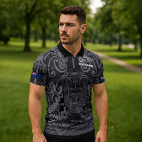 Custom New Zealand Taiaha Maori Zipper Polo Shirt Minimalist Silver Fern All Black - Polynesian Pride