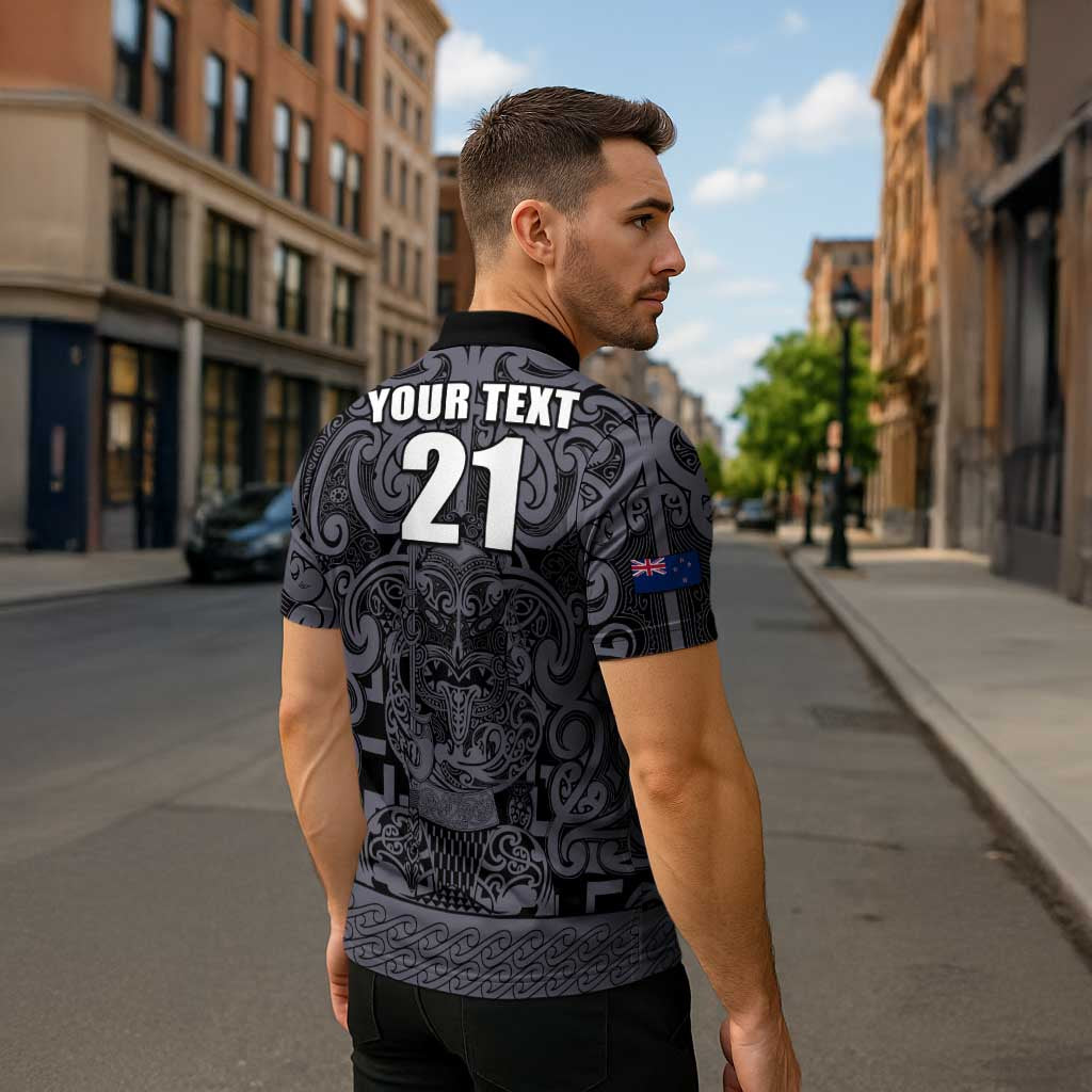 Custom New Zealand Taiaha Maori Zipper Polo Shirt Minimalist Silver Fern All Black - Polynesian Pride