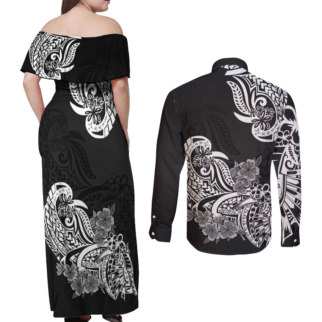 Polynesian Couples Matching Off Shoulder Maxi Dress and Long Sleeve Button Shirts Pacific Flower Mix Floral Tribal Tattoo Black Vibe LT9 - Polynesian Pride