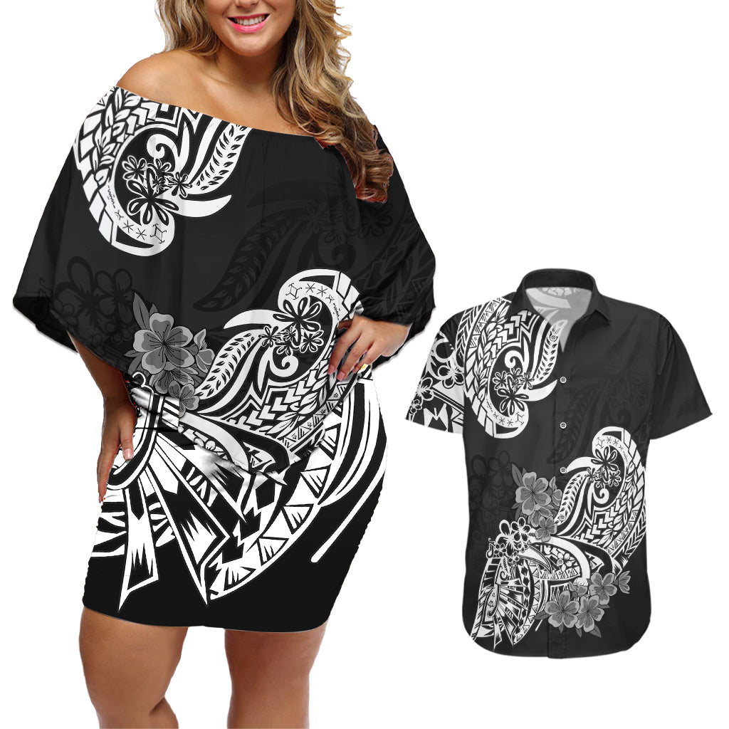 Polynesian Couples Matching Off Shoulder Short Dress and Hawaiian Shirt Pacific Flower Mix Floral Tribal Tattoo Black Vibe LT9 Black - Polynesian Pride