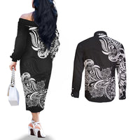 Polynesian Couples Matching Off The Shoulder Long Sleeve Dress and Long Sleeve Button Shirts Pacific Flower Mix Floral Tribal Tattoo Black Vibe LT9 - Polynesian Pride