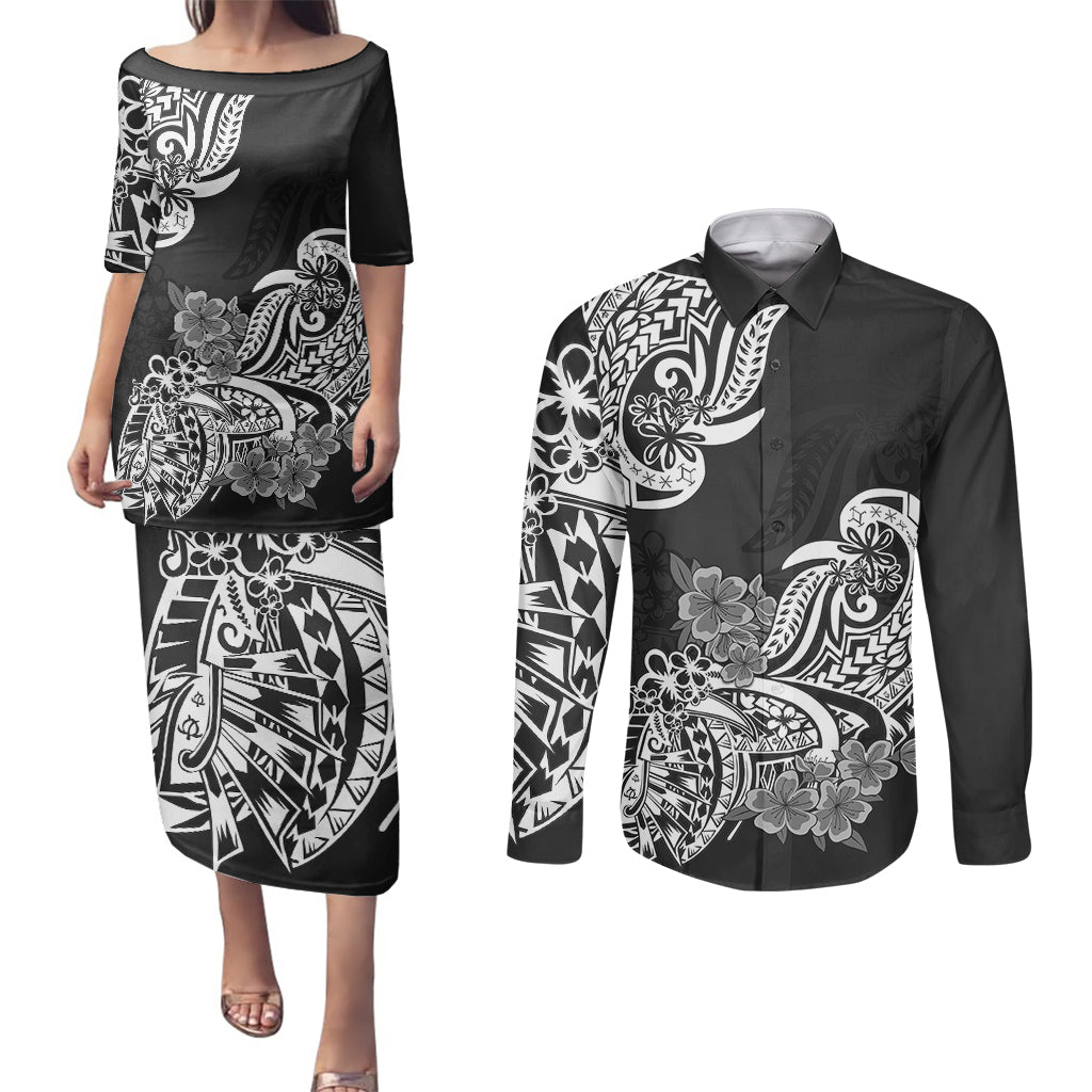 Polynesian Couples Matching Puletasi Dress and Long Sleeve Button Shirts Pacific Flower Mix Floral Tribal Tattoo Black Vibe LT9 Black - Polynesian Pride