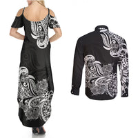 Polynesian Couples Matching Summer Maxi Dress and Long Sleeve Button Shirts Pacific Flower Mix Floral Tribal Tattoo Black Vibe LT9 - Polynesian Pride