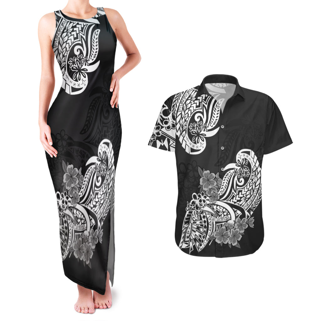 Polynesian Couples Matching Tank Maxi Dress And Hawaiian Shirt Pacific Flower Mix Floral Tribal Tattoo Black Vibe LT9 Black - Polynesian Pride