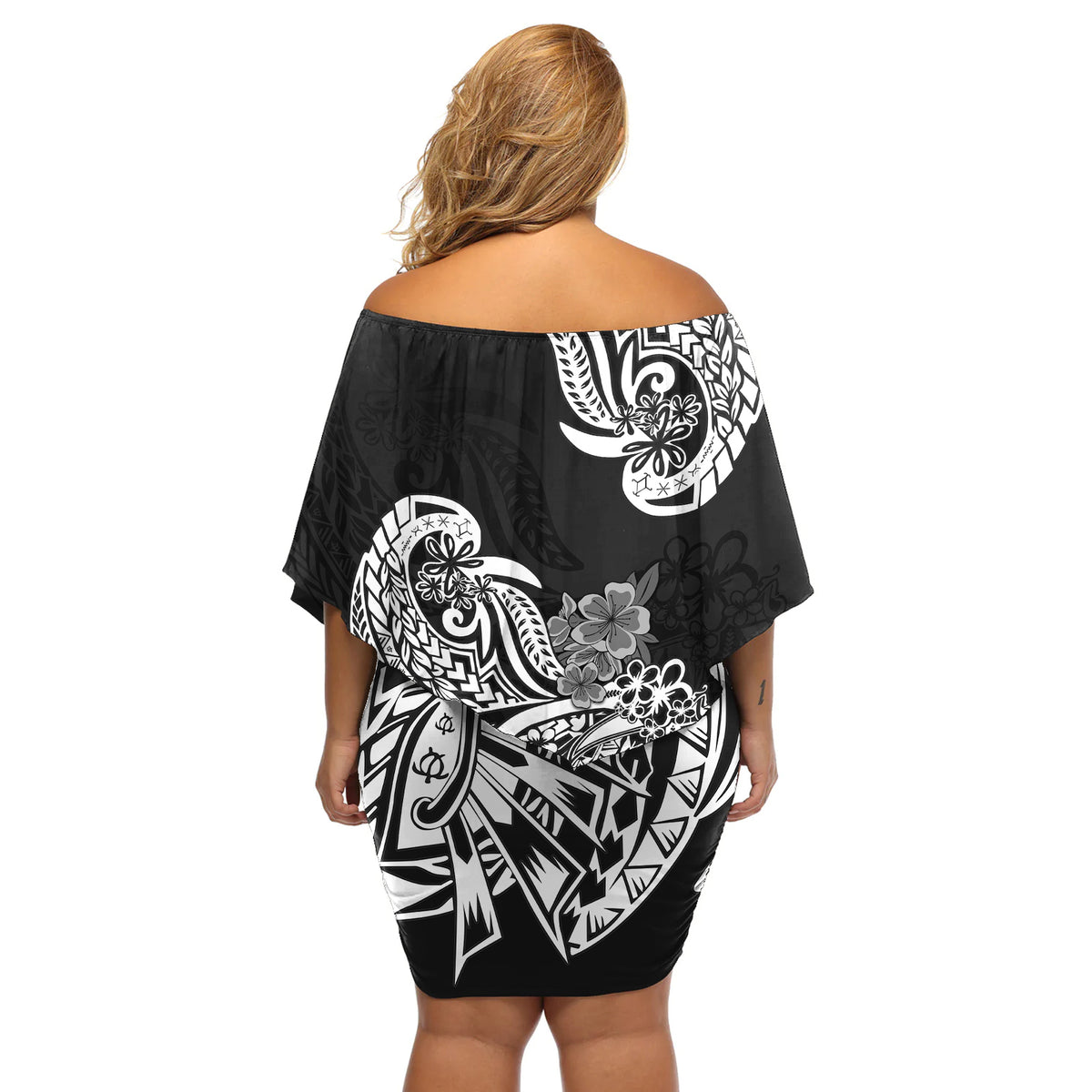 Polynesian Off Shoulder Short Dress Pacific Flower Mix Floral Tribal Tattoo Black Vibe LT9 - Polynesian Pride