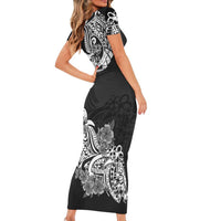Polynesian Short Sleeve Bodycon Dress Pacific Flower Mix Floral Tribal Tattoo Black Vibe LT9