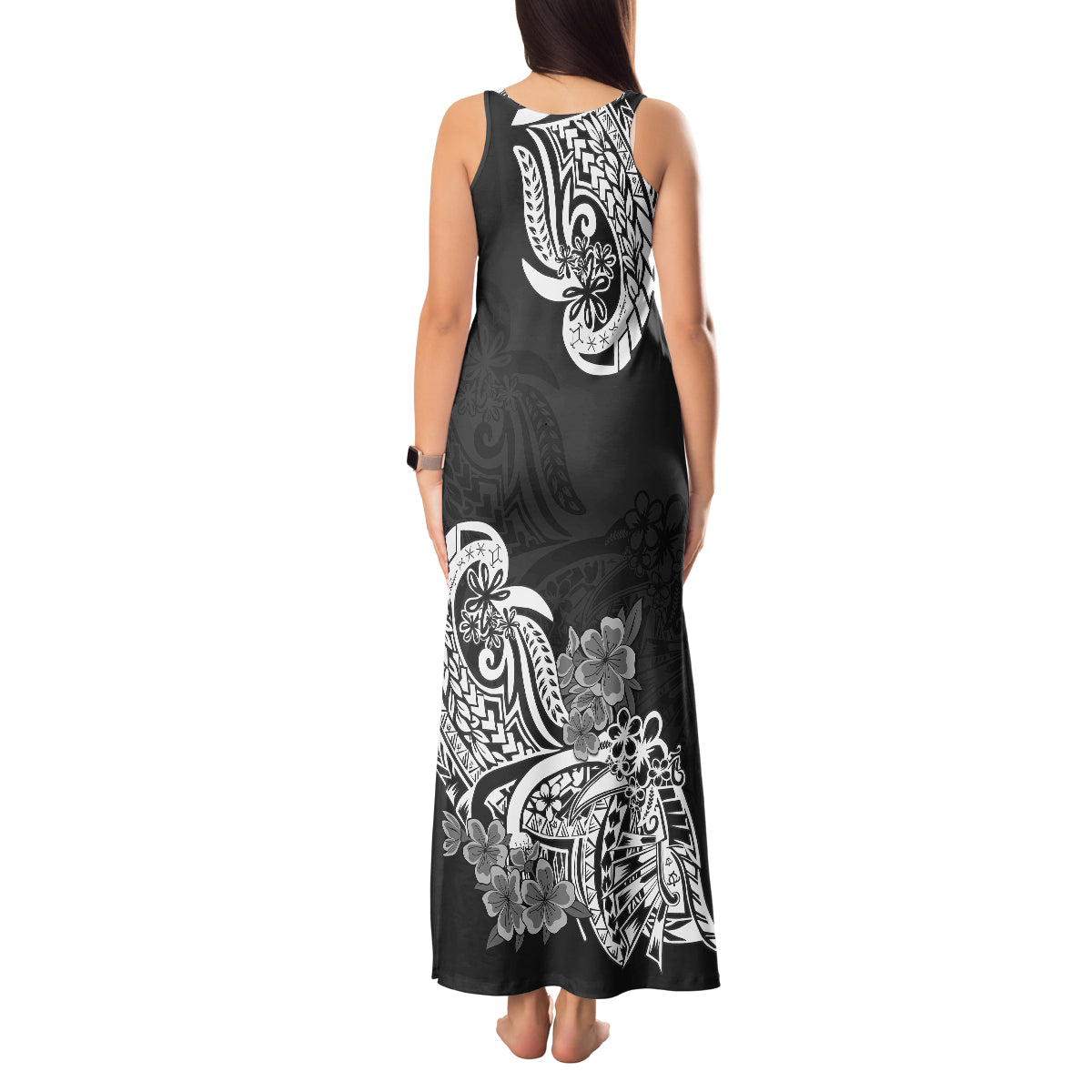 Polynesian Tank Maxi Dress Pacific Flower Mix Floral Tribal Tattoo Black Vibe LT9 - Polynesian Pride
