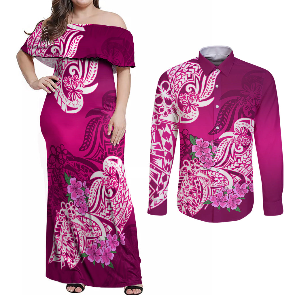 Polynesian Couples Matching Off Shoulder Maxi Dress and Long Sleeve Button Shirts Pacific Flower Mix Floral Tribal Tattoo Pink Vibe LT9 Pink - Polynesian Pride