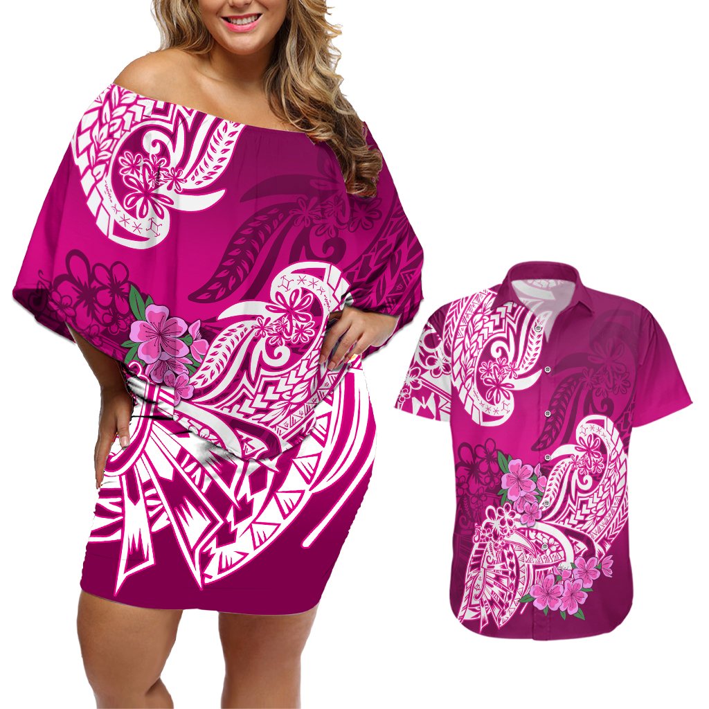 Polynesian Couples Matching Off Shoulder Short Dress and Hawaiian Shirt Pacific Flower Mix Floral Tribal Tattoo Pink Vibe LT9 Pink - Polynesian Pride