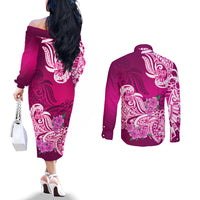 Polynesian Couples Matching Off The Shoulder Long Sleeve Dress and Long Sleeve Button Shirts Pacific Flower Mix Floral Tribal Tattoo Pink Vibe LT9 - Polynesian Pride